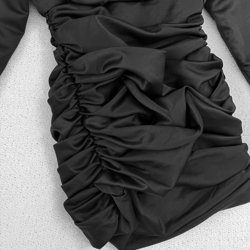 House of CB Giorgiana Black Satin Ruched Mini Dress Size Large - Picture 5 of 12